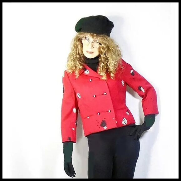 Vintage Red Blazer Cropped Jacket Upcycled Don Loper / One Of A Kind - Picture 3 of 15